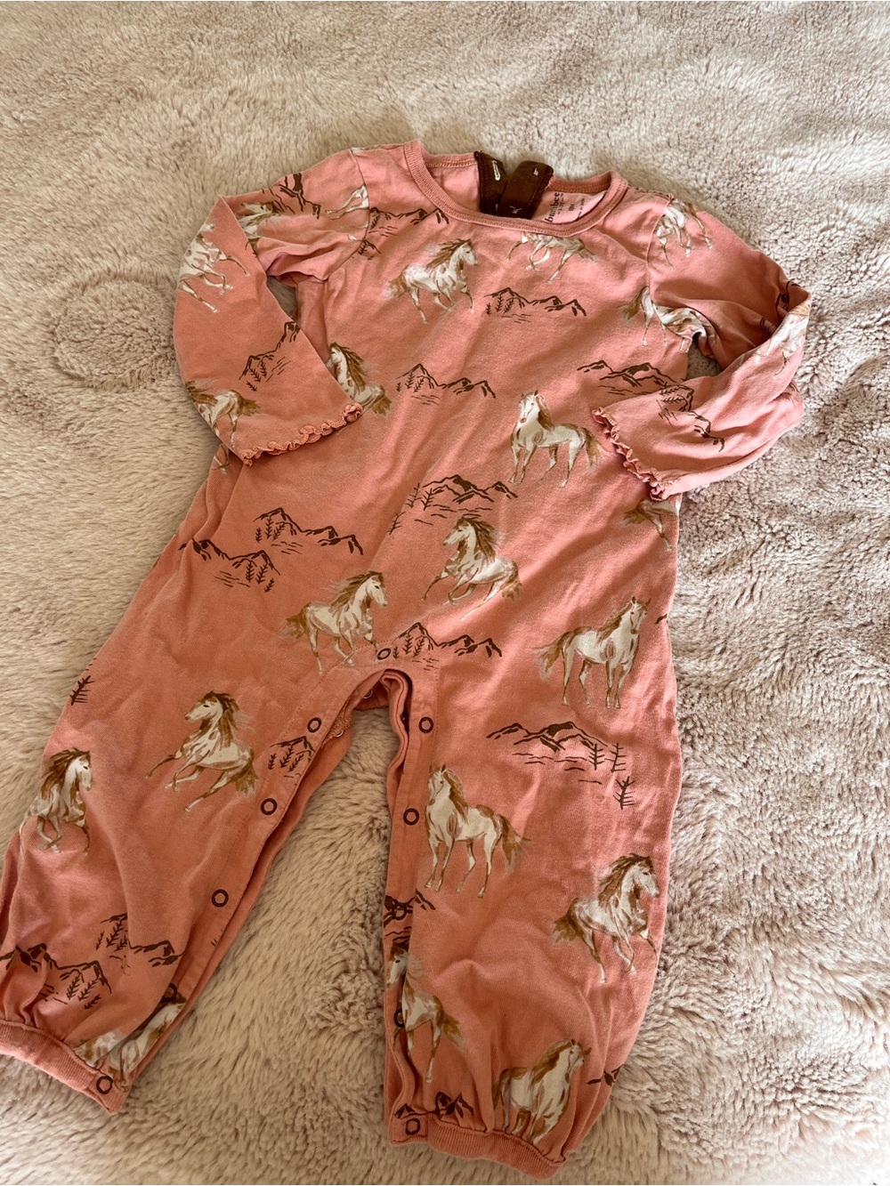 Burt’s Bees 18M Sleeper One Piece Romper Pink Horses Ruffle Long Sleeves Cotton
